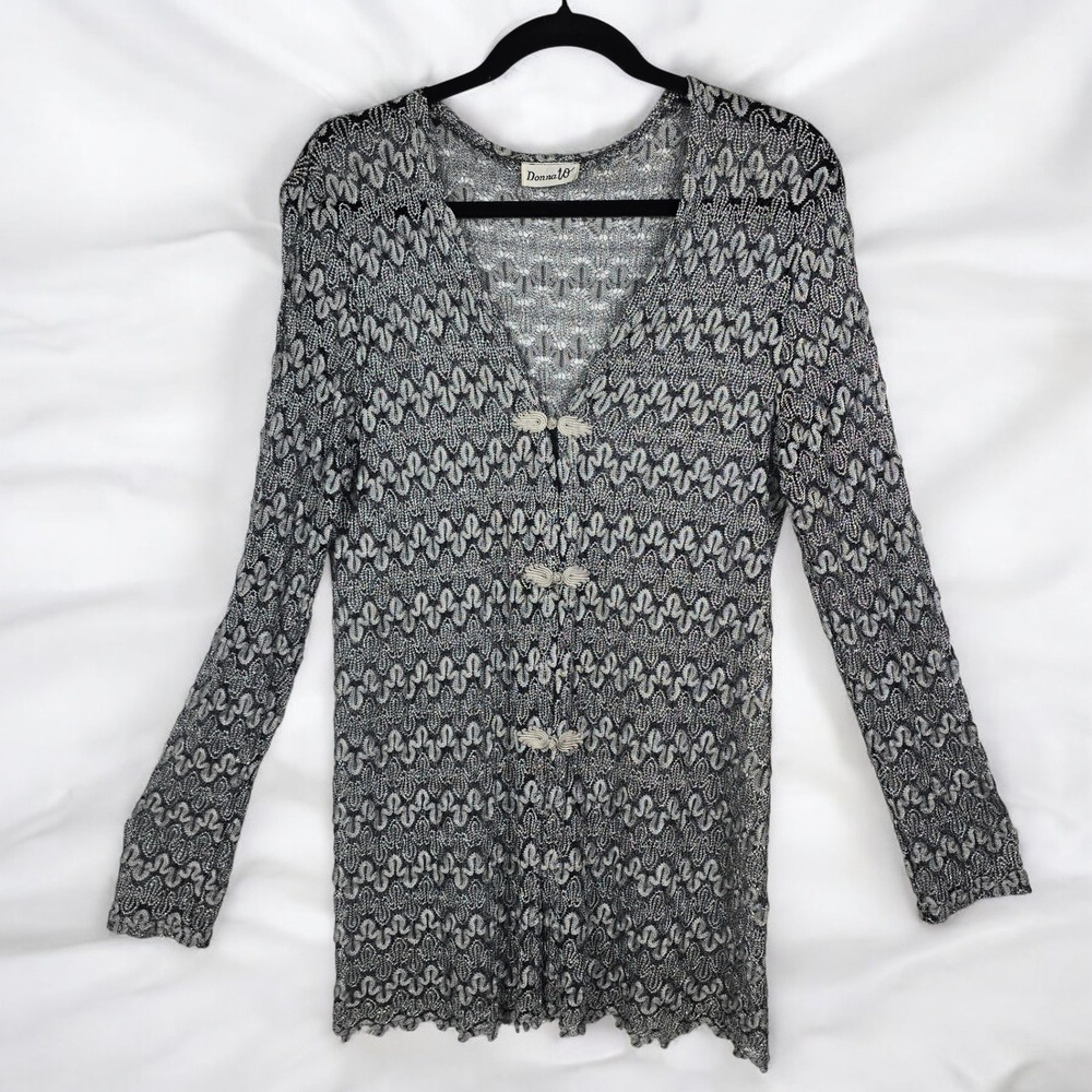 Silver/Black Metallic Lace Knit‎ Cardigan Dressy Button Front Woman M/L? Sheer